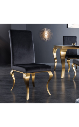Set di 2 sedie barocche moderne, schienale dritto, acciaio nero e dorato