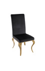 Set of 2 modern baroque chairs, straight back, black and golden steel