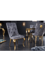 Conjunto de 2 sillas barrocas contemporáneas en terciopelo gris y acero dorado