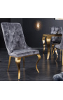 Σετ 2 μοντέρνες μπαρόκ καρέκλες από γκρι βελούδο και χρυσό ατσάλι