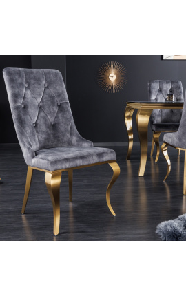 Set aus 2 modernen Barockstühlen aus grauem Samt und goldenem Stahl