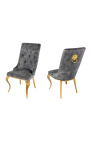 Σετ 2 μοντέρνες μπαρόκ καρέκλες από γκρι βελούδο και χρυσό ατσάλι