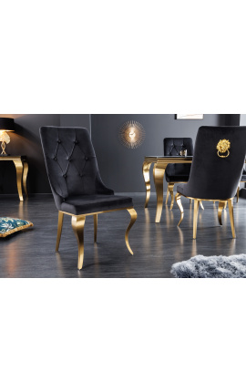 Set de 2 scaune baroc contemporan din catifea neagra si otel auriu