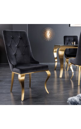 Set di 2 sedie barocche contemporanee in velluto nero e acciaio dorato