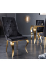2 šiuolaikiškų barokinių juodo aksomo ir auksinio plieno kėdžių rinkinys