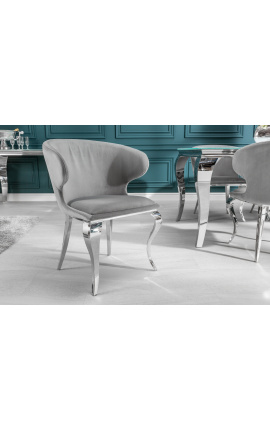 Набор из 2 стульев с подлокотниками в стиле барокко, серый бархат и хромированная сталь