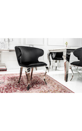 Ensemble de 2 chaises à oreilles baroque moderne velours noir et acier chromé