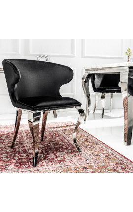 2 db modern barokk szárnyas szék készlet, fekete bársony és krómozott acél