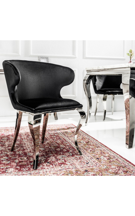 2 db modern barokk szárnyas szék készlet, fekete bársony és krómozott acél