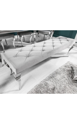 Banc pla barroc modern de vellut gris i acer inoxidable cromat