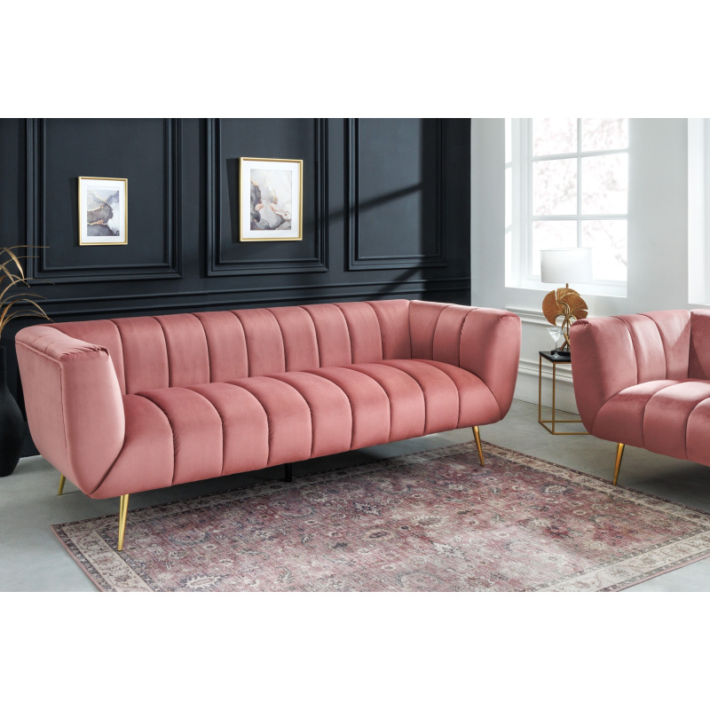LETO 3-seater sofa in old pink velvet with golden feet