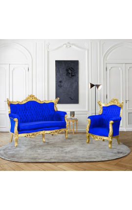 Sofa 2-osobowa w stylu barokowym rokoko niebieski aksamit i złote drewno