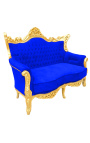 Sofá barroco rococó 2 lugares veludo azul e madeira dourada