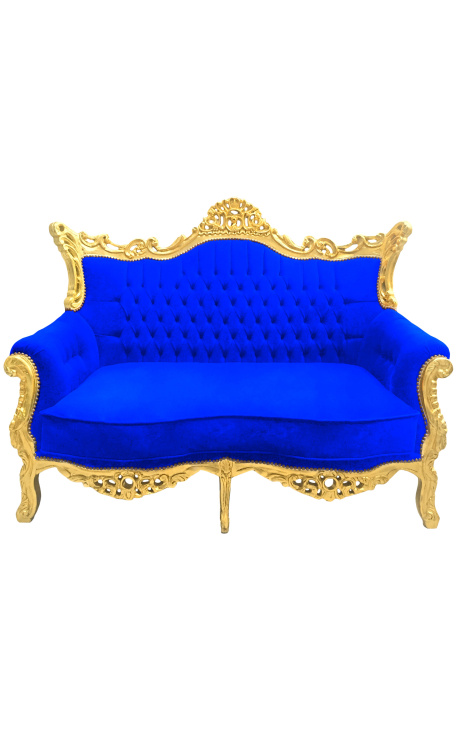 2-местный диван в стиле барокко в стиле рококо, синий бархат и золотое дерево