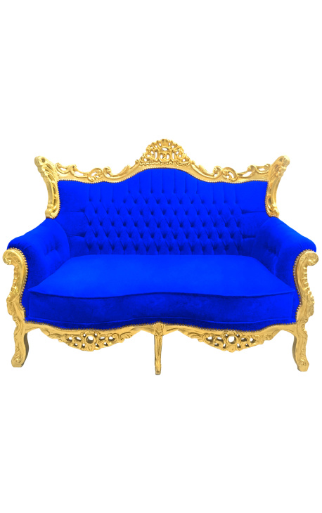 Barockes Rokoko-2-Sitzer-Sofa aus blauem Samt und goldenem Holz