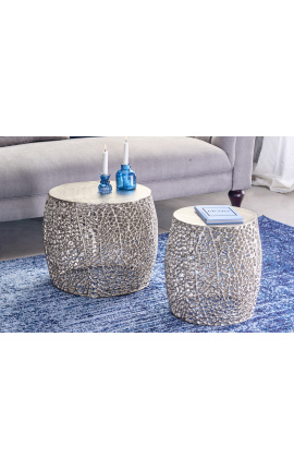 Ensemble de 2 tables d&#039;appoint rondes CORY en métal et aluminium argenté