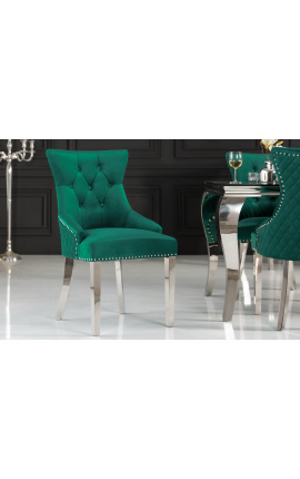Set of 2 modern baroque chairs, diamond backrest, green and chromed steel
