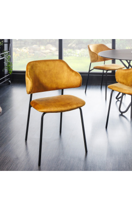 2 RICHARD dizaino valgio kėdžių rinkinys iš garstyčių aksomo su juodomis kojelėmis