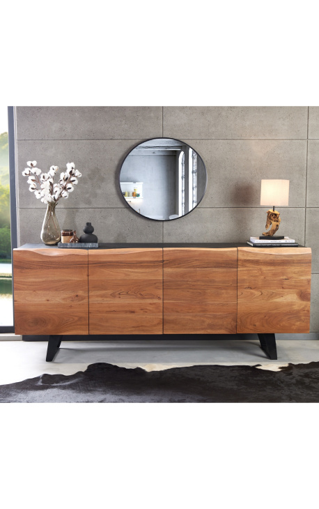 Buffet di acacia a 4 porte NATURA con gambe in metallo nero - 180 cm