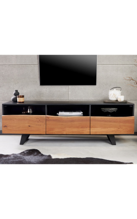 Meuble TV en acacia NATURA avec piètement en métal noir - 140 cm