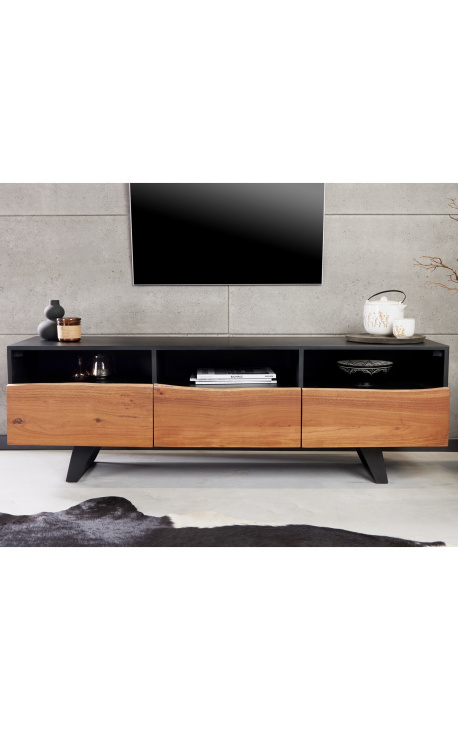 Armario de televisión en acacia NATURA con base de metal negro - 140 cm