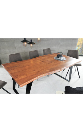 Prírodný acacia jedálenský stôl s čiernou kovovou základňou - 175 cm