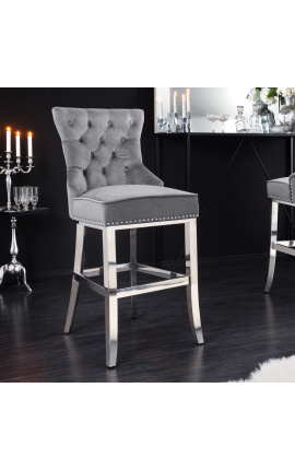 Moderní barokní barová židle, diamantové opěradlo, šedá a chromová ocel