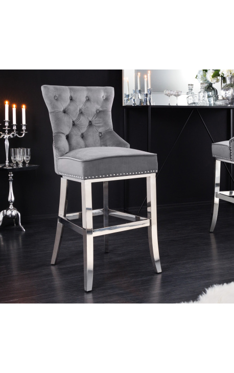 Modern baroque bar chair, diamond backrest, gray and chrome steel