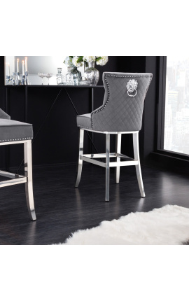 Moderni barokinė baro kėdė, deimantinis atlošas, pilkas ir chromuotas plienas