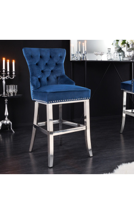 Moderne barok barstoel, diamant rugleuning, marineblauw en chroomstaal