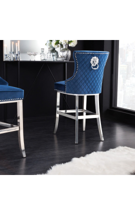 Moderne barok barstoel, diamant rugleuning, marineblauw en chroomstaal