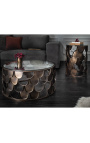 Okrągły stolik kawowy MERY z patynowanym mosiężnym metalowym szklanym blatem
