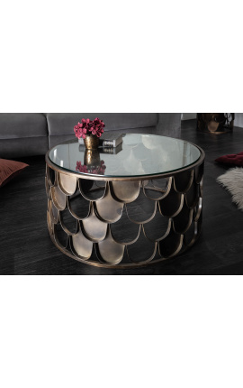 MERY round coffee table in patinated brass metal top glass