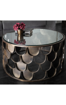 Okrągły stolik kawowy MERY z patynowanym mosiężnym metalowym szklanym blatem