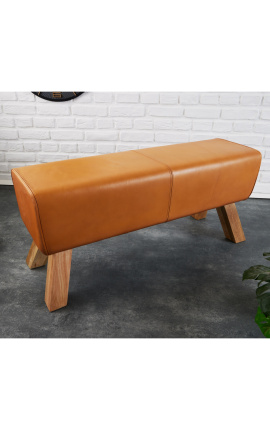 Pommel horse bench in cognac brown leather and wood base - 100 cm
