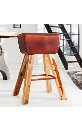 Konjski stolec iz rjave usnje in lesa - 55 cm