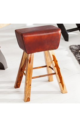 Kůňská stolička pommel z hnědé kůže s dřevěným podkladem - 55 cm