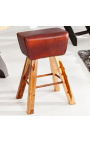 Pommel horse stool in brown leather and wooden base - 55 cm