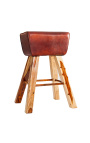 Tabouret cheval d'arçon en cuir marron et piètement en bois - 55 cm