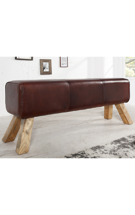 Banc cheval d'arçon en cuir marron et piètement en bois - 120 cm