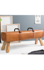 Banc cheval d'arçon en cuir clair et piètement en bois - 135 cm