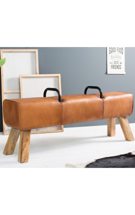 Banc cheval d'arçon en cuir clair et piètement en bois - 135 cm