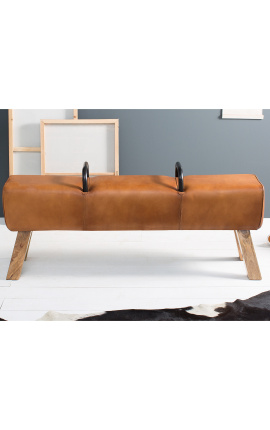 Banc cheval d&#039;arçon en cuir clair et piètement en bois - 135 cm