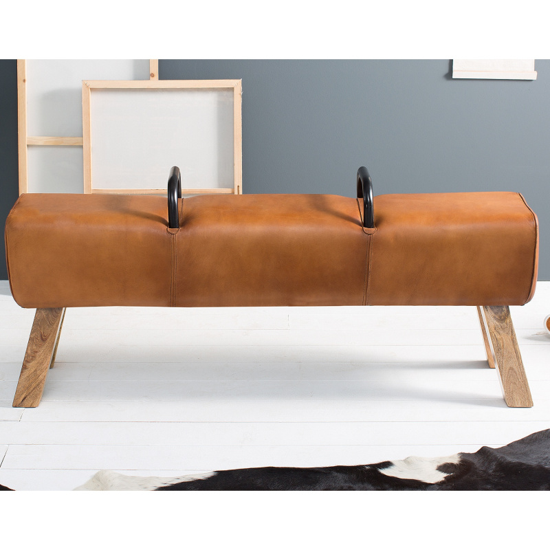 Banc 125x38x51 cm en bois et cuir véritable noir et marron