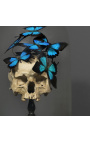 Skull Memento Mori with Papillons "Ulysses Ulysses" under glass globe on wooden base