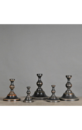 Set of 5 black carved wood base type baluster