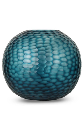 Много голяма кръгла ваза "Мадо" в синьо стъкло с геометрични страни