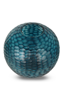 Много голяма кръгла ваза &quot;Мадо&quot; в синьо стъкло с геометрични страни
