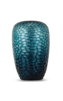 Gran jarrón cilíndrico "Mado" en vidrio azul con facetas geométricas