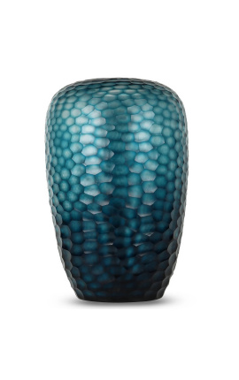 Grande vaso cilindrico "Mado" in vetro blu con facette geometriche
